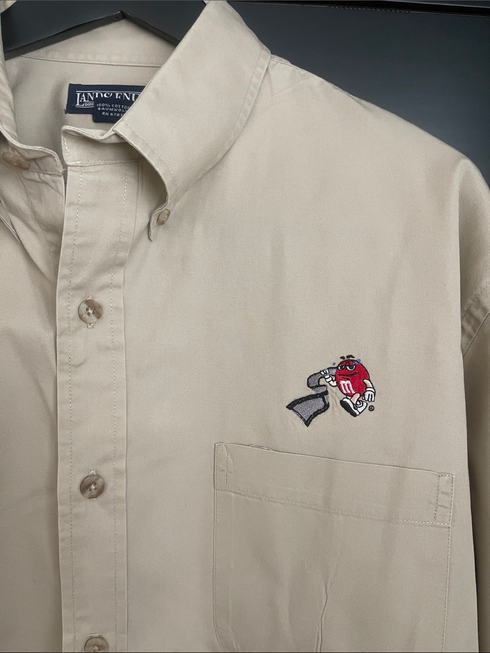 Lands' End Beige Button-Down Shirt with Red M&M Embroidery